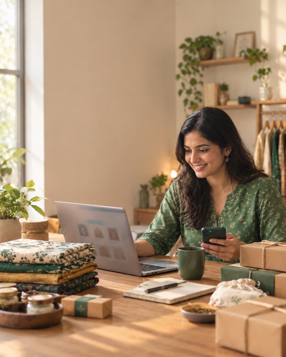 A seller managing her store from a laptop