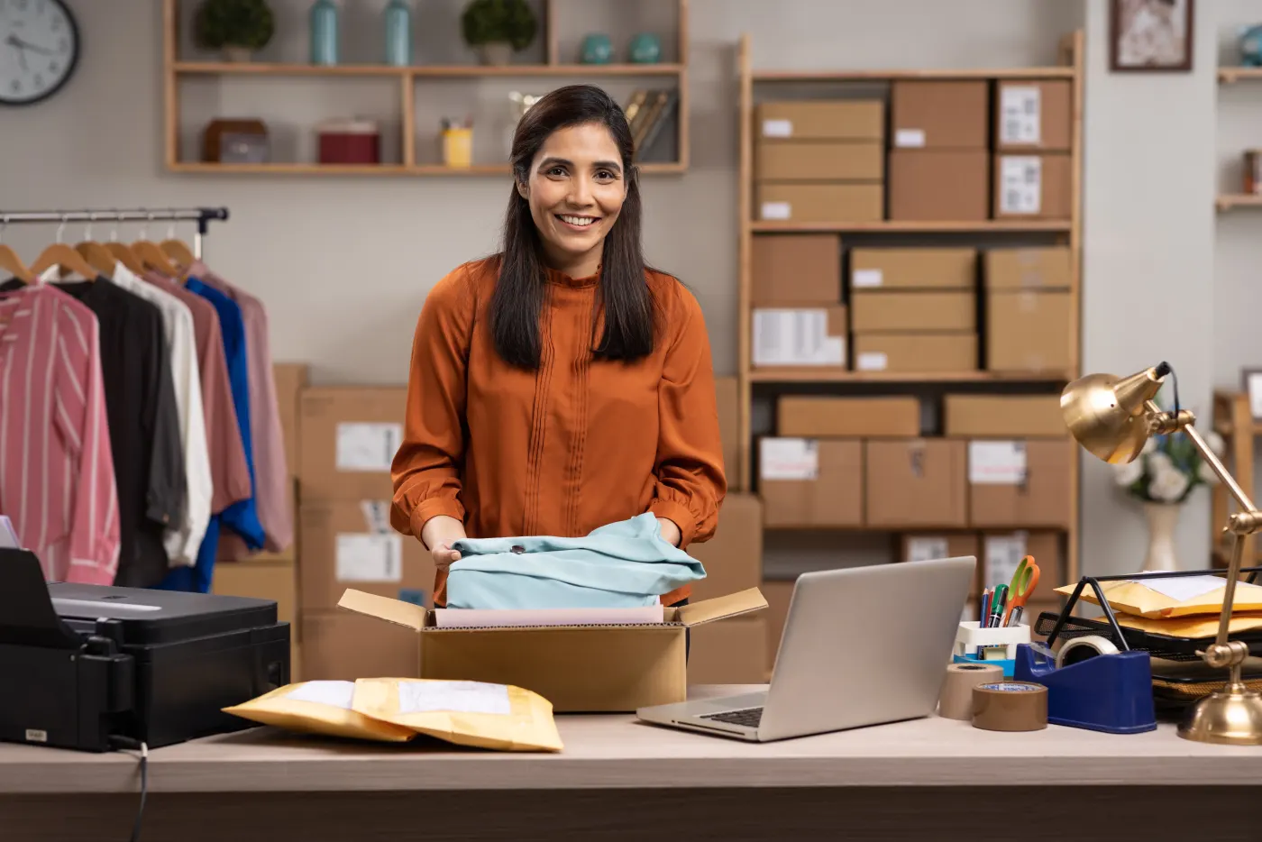 A shop owner packing an order